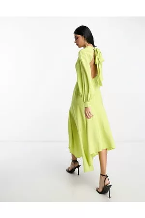 ASOS Mujer Asimétricos - High neck tie back midaxi dress with asymmetric hem and keyhole front in lime