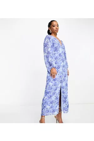 VILA Mujer Vestidos de flores - V neck button through maxi dress in blue floral
