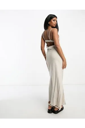 ASOS Linen cowl detail maxi slip sundress with draped back detail in natural