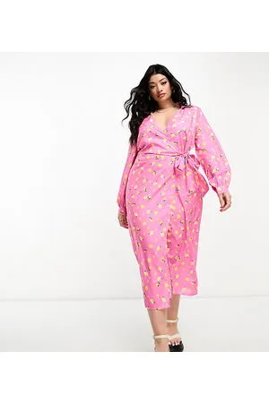 In The Style Wrap tie side midi shirt dress in pink print