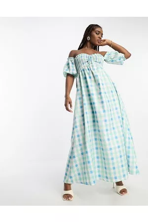 The Frolic Mujer Casuales - Check off-shoulder shirred maxi dress in