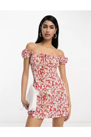 ASOS Mujer Vestidos de flores - Cap sleeve ruched mini dress with tie detail in red ditsy floral