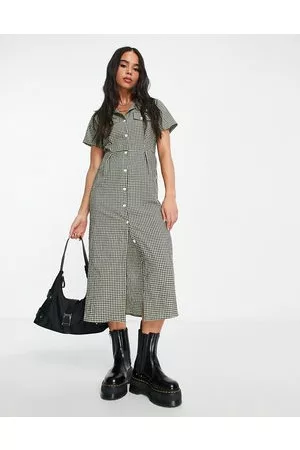 Daisy Street Mujer Camiseros - Textured midi shirt dress in mint brown check