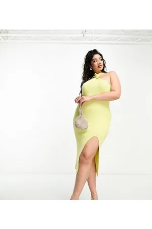 The Frolic Midi dress with twist high neck and side slit in