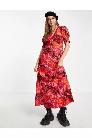 Influence Mujer Vestidos de flores - Shirred sleeve maxi tea dress with lace trim in mixed floral print