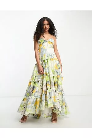 ASOS Mujer Vestidos de flores - Twist front tiered babydoll voile maxi dress with frills and hi low hem in floral print