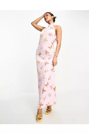 Something New Mujer Maxi - Halter neck open back satin maxi dress in candyfloss satin butterfly print