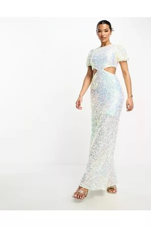 Something New Mujer Maxi - Cut out sequin maxi dress with puff sleeves in iridescent