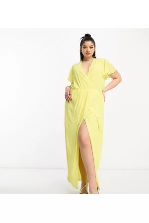 TFNC Mujer Vestidos de noche - Bridesmaid chiffon wrap front maxi dress with flutter sleeve in lemon