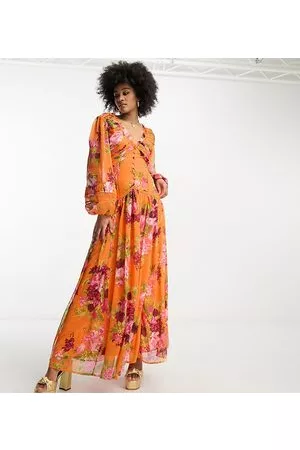 ASOS Mujer Vestidos de flores - ASOS DESIGN Tall button through pintuck maxi dress with lace inserts in orange floral print