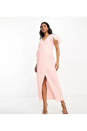 TFNC Mujer Vestidos de noche - Bridesmaid chiffon wrap front maxi dress with flutter sleeve in whisper