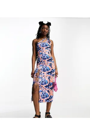 COLLUSION Satin asymmetric strap detail summer midi dress in print
