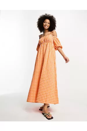 ASOS Off shoulder cotton maxi dress with ruched bust detail in pink and orange gingham