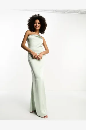 Pretty Lavish Bridesmaid one-shoulder satin maxi dress in sage