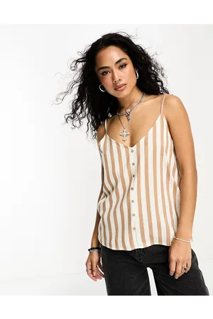 ONLY V neck button down cami top in beige and stripe