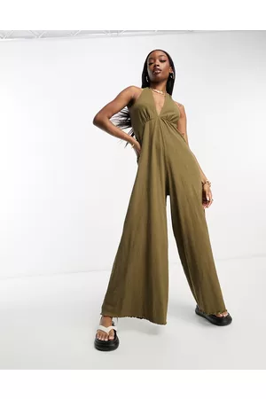 ASOS Crinkle jersey halter jumpsuit in olive
