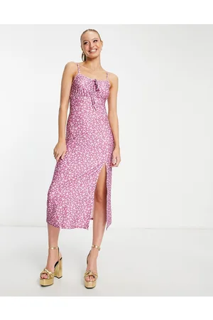 Miss Selfridge Gathered bust midi slip dress in purple heart print