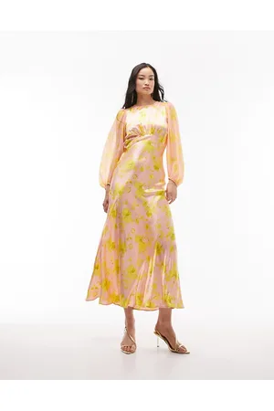 Topshop Long sleeve satin maxi dress with bust seam in pink print