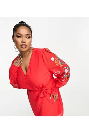 HOPE & IVY Long sleeve embroidered wrap mini dress in red
