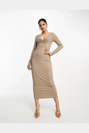 NA-KD Ring detail cut out midi dress in beige