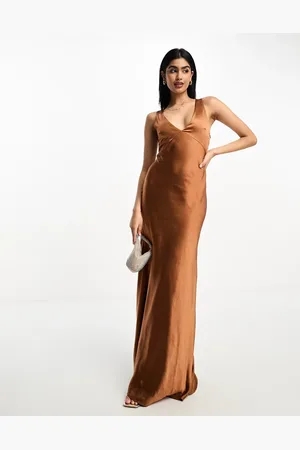 Six Stories Bridesmaids twist back satin slip dress in rust