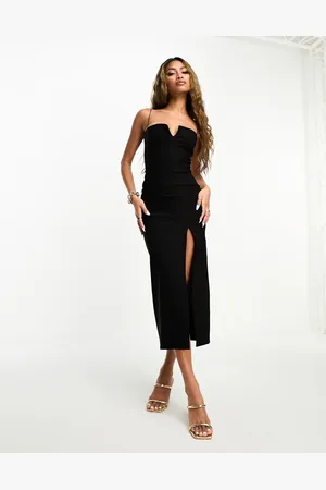 Vesper Notch detail cami strap thigh split midi dress in