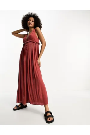 ASOS Tiered crinkle frill smock jumpsuit in rust