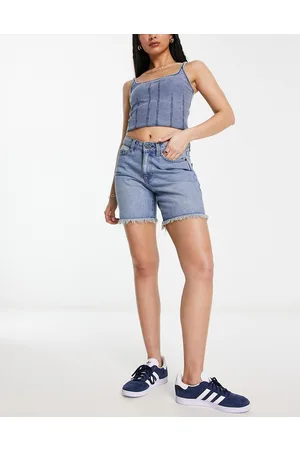 Noisy May Frayed hem longline denim shorts in light denim
