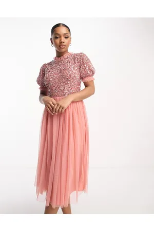 Maya Deluxe Bridesmaid delicate sequin puff sleeve midi dress in terracotta