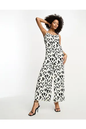 River Island Leopard print tie strap wide leg jumpsuit in black and