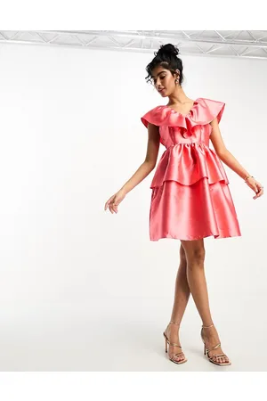 VILA Exaggerated frill mini dress in coral