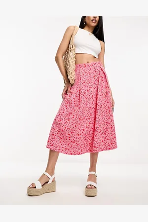 Monki Button through midi skirt in pink ditsy floral print