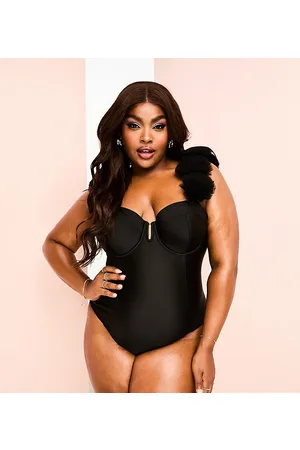 ASOS Curve bardot swimsuit with tulle corsage strap detail in