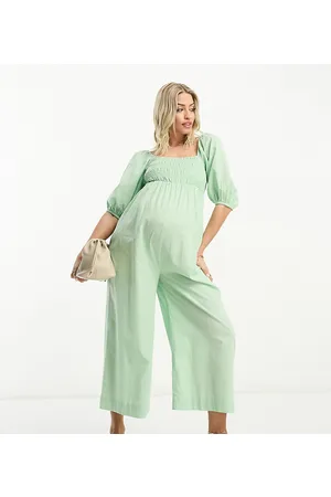 ASOS ASOS DESIGN Maternity linen look shirred puff sleeve jumpsuit in sage