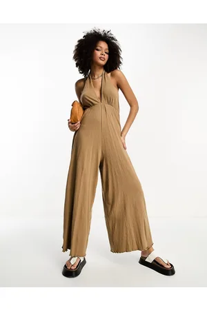 ASOS Crinkle jersey halter jumpsuit in mocha