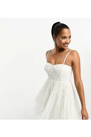 Maya Deluxe Petite Bridal allover embellished mini dress with full skirt in ivory