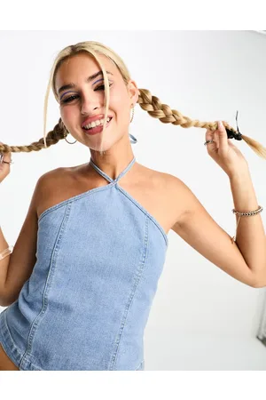 Noisy May Halter neck cropped denim top in