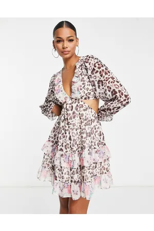 Miss Selfridge Chiffon frill detail mini dress in mix animal floral