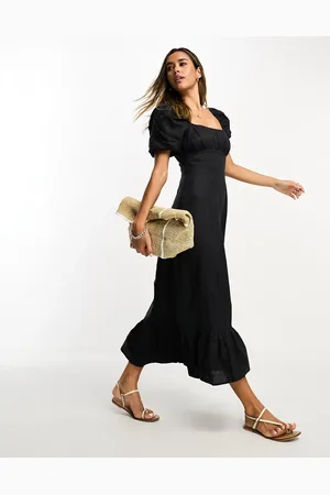 & OTHER STORIES Linen puff sleeve midaxi dress with split in