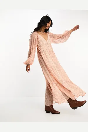 ASOS Chiffon v neck long sleeve tier midi smock dress in ditsy print