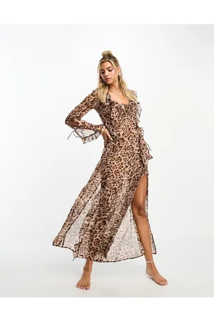 Miss Selfridge Beach chiffon leopard long sleeve side split maxi dress