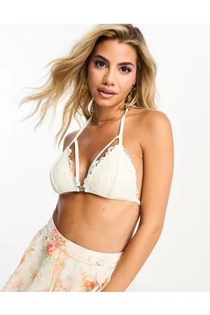 Miss Selfridge Lace ring detail bikini top in cream