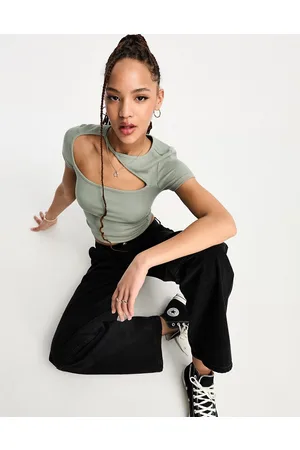 Stradivarius Cut out tee in khaki