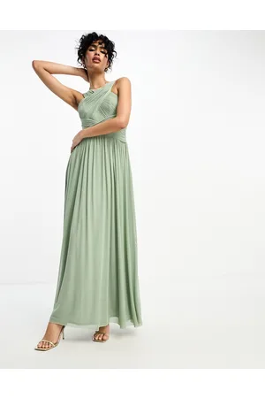 Little Mistress Bridesmaids cross front mesh maxi dress in sage