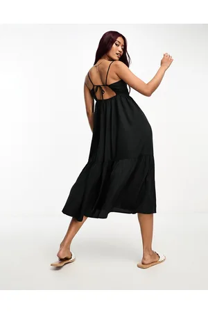 Pieces® Tiered midi dress with tie back detail in