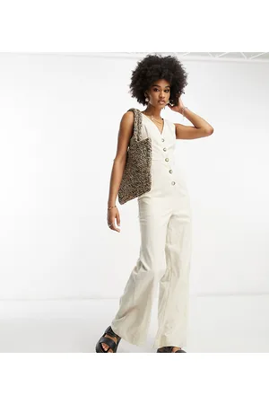 ASOS ASOS DESIGN Tall linen look button through jumpsuit in oatmeal