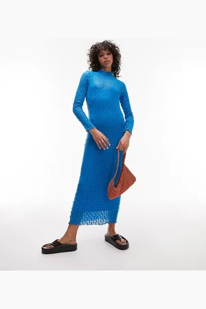 Topshop Textured long sleeve lace jersey midi dress in