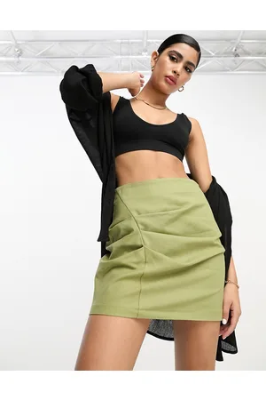 ASOS Ruched skirt with linen in khaki