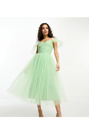 Lace & Beads Ruched tulle midaxi dress in apple