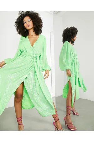 ASOS Crystal sequin wrap midi dress with blouson sleeve in lime